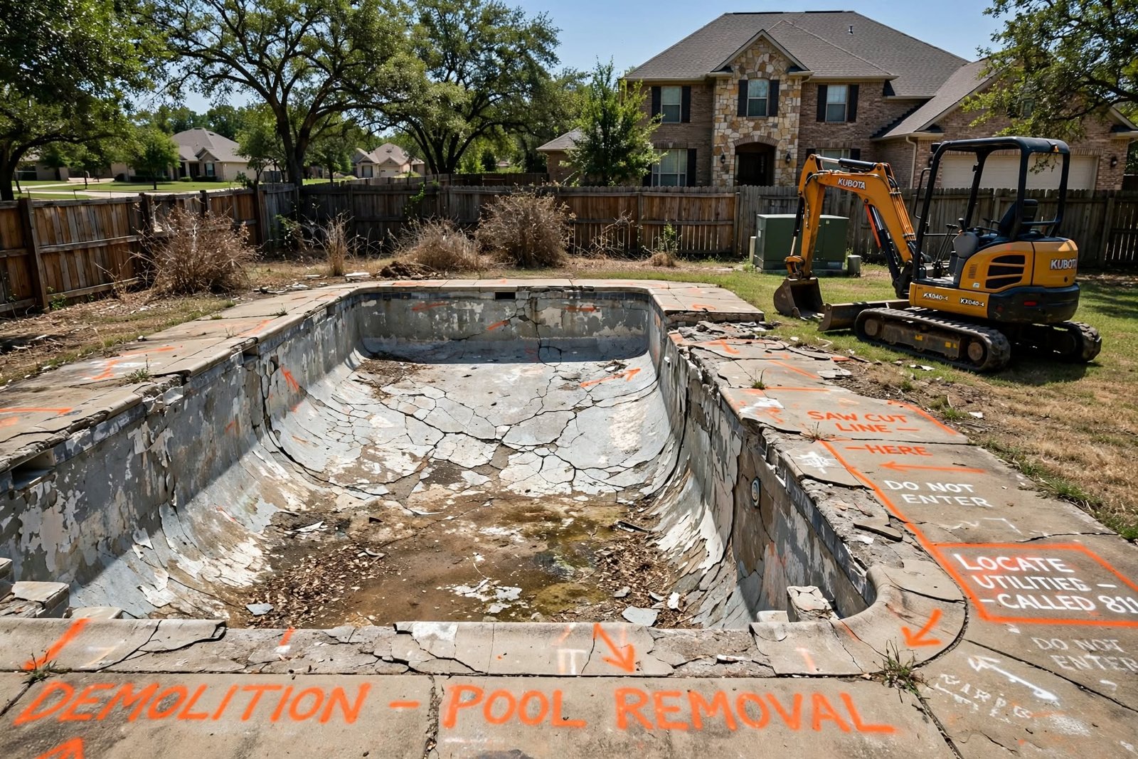 Empty drained pool marked for demolition before removal