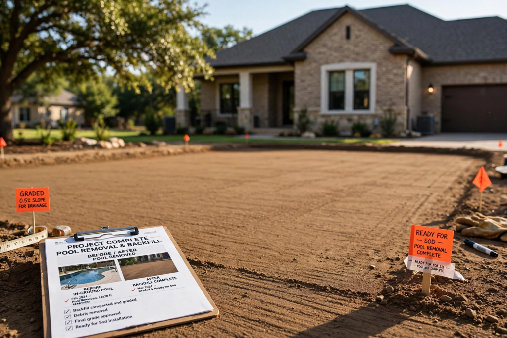 Graded dirt yard ready for sod after pool removal