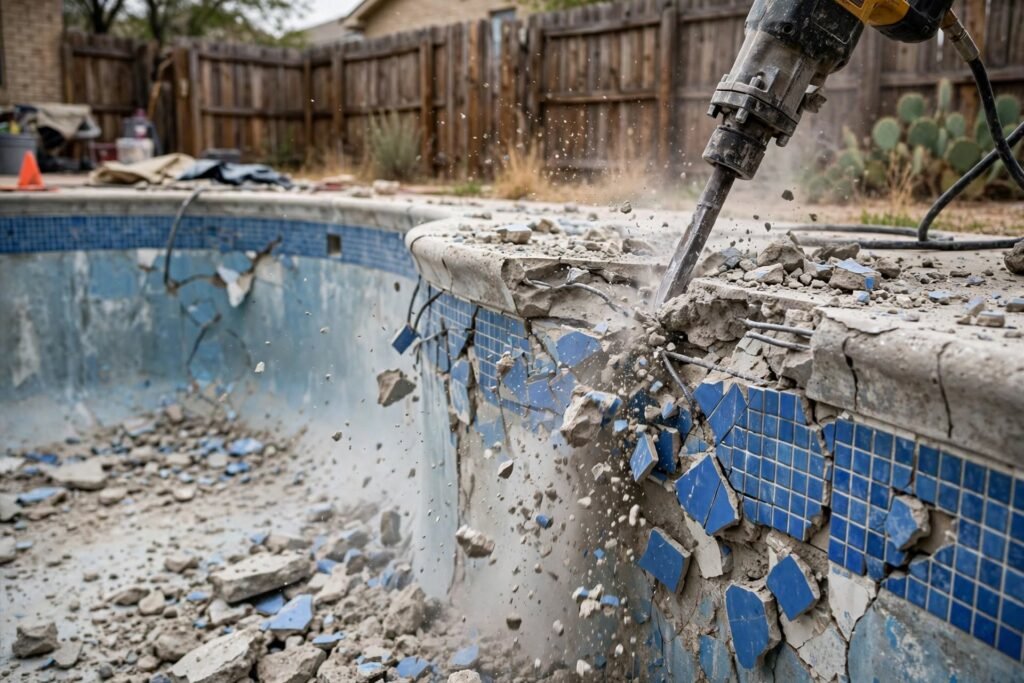 Close-up of pool wall demolition with tile debris