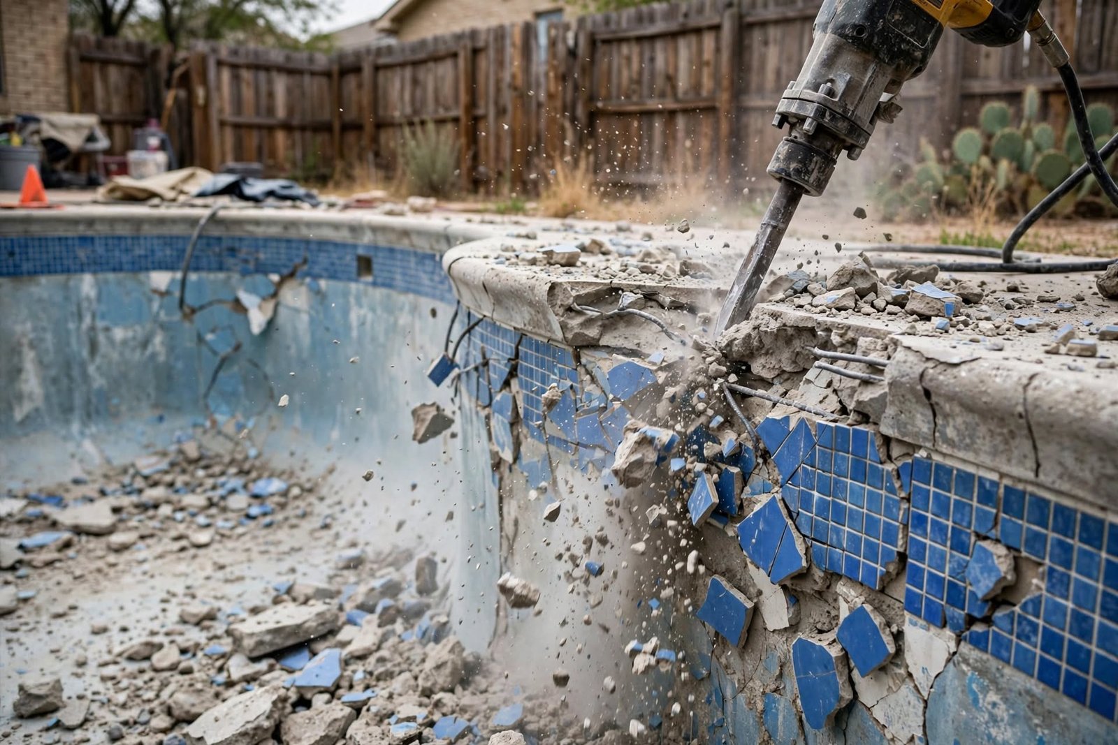 Close-up of pool wall demolition with tile debris